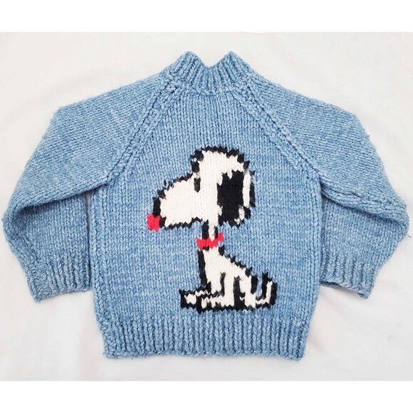 Vintage Toodler Snoopy Peanuts Handknit Cowichan Cardigan Heather Blue 2T - Picture 1 of 7